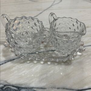 Fostoria American Cube Creamer Sugar Bowl on Tray Vintage Glass 1920-1940